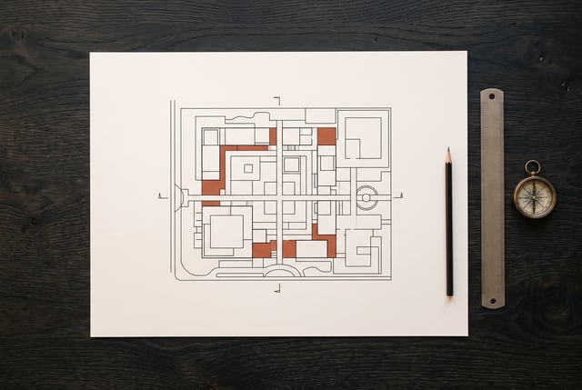 Lageplan auf Papier mit Lineal, Bleistift und Kompass (KI-generiertes Bild)