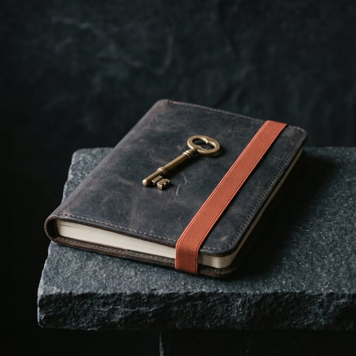 Geschlossenes Lederbuch mit rostrotem Band und einem Messingschlüssel (KI-generiertes Bild)