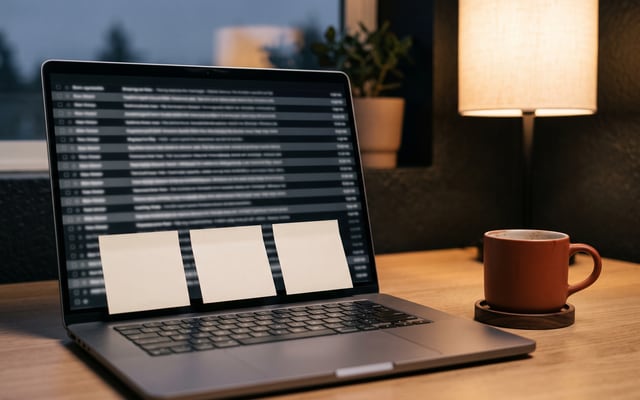 Laptop mit vollem Posteingang und leeren Haftnotizen am Abend (KI-generiertes Bild)