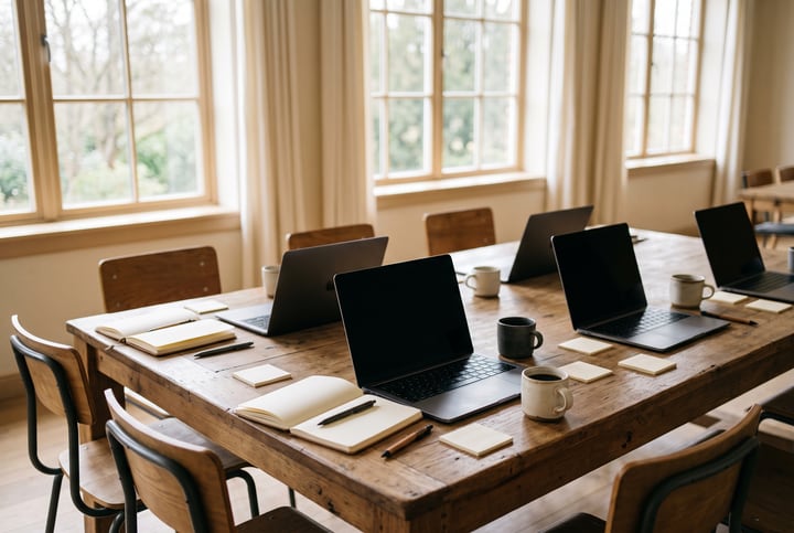 Langer Holztisch mit aufgeklappten Laptops, Notizbüchern und Tassen in einem hellen Seminarraum (KI-generiertes Bild)