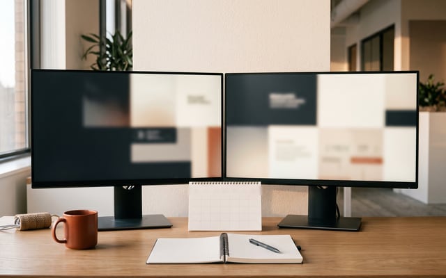 Zwei Bildschirme nebeneinander, dazwischen Tischkalender und Notizblock (KI-generiertes Bild)